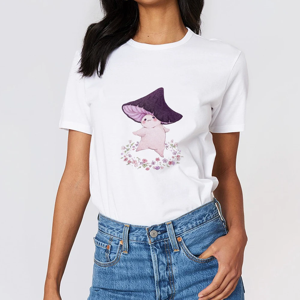

Cute Mushrooms Print Soft Women T-shirt 2022 New Sweet Style Trend Simple Short Sleeve Round Neck White Sexy Tops For Clothes