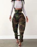 spring women camouflage print high waist cargo pants 2022 new femme suspender pocket design loose trousers lady clothing traf