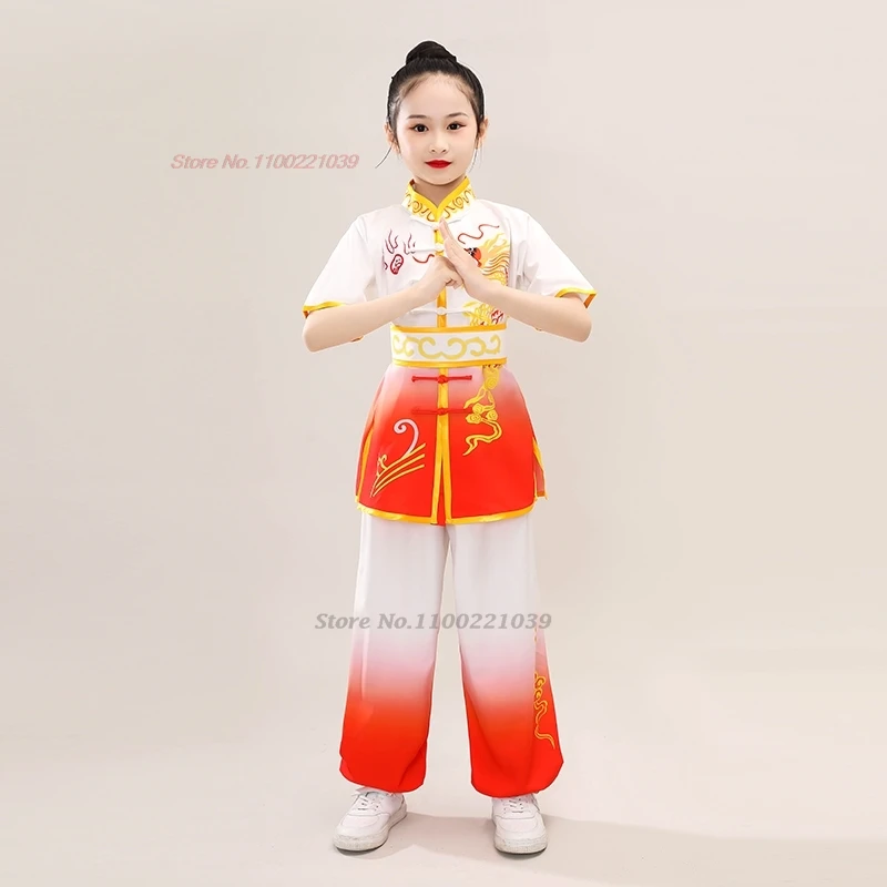 2024 chinese traditional children wushu tai chi martial arts kung fu suit dragon print stage performance training exercise set