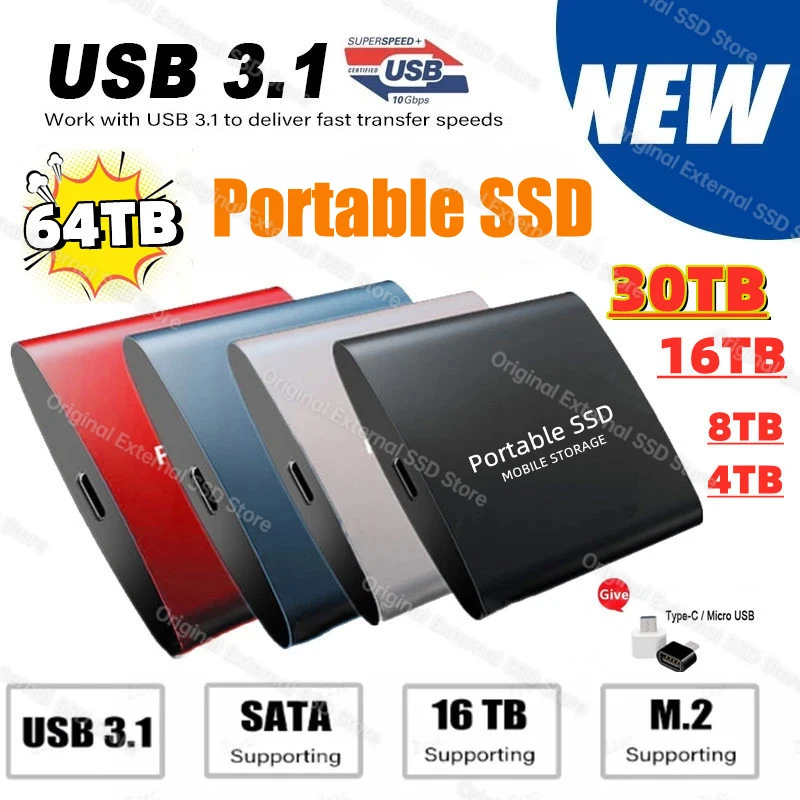 

Mini Portable SSD 1TB 2TB External Solid State Hard Drive 16TB 64tb USB 3.1 Type-C Interface High-Speed Hard Disk for Laptop/ps5