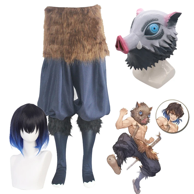 

Demon Slayer Hashibira Inosuke Cosplay Costume Anime Kimetsu No Yaiba Inosuke Wig Pig Mask Pants Outfit Set Halloween Costume
