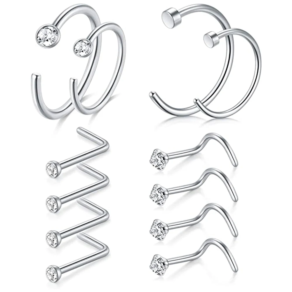 

12 шт., серебряные шпильки для носа из нержавеющей стали 316L