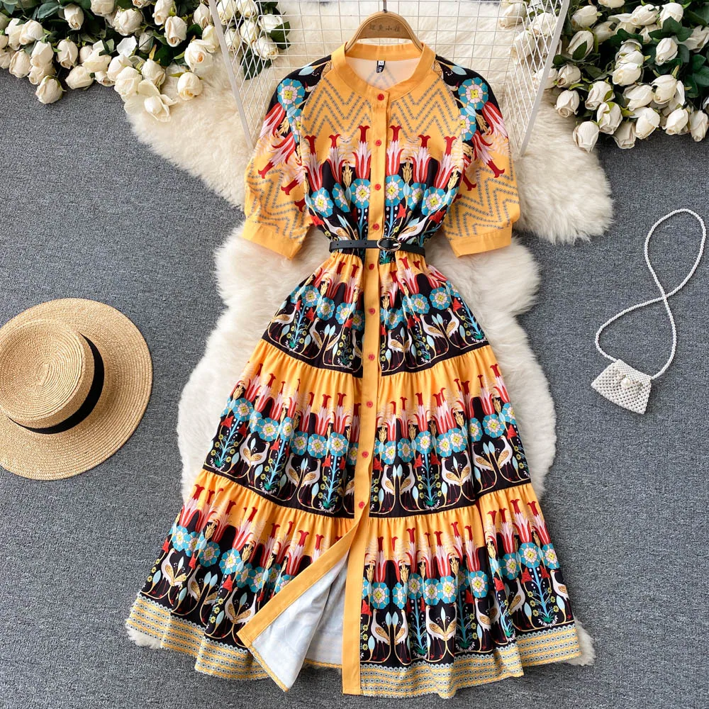 

Dresses Temperament street photography holiday style high-end printing medium length retro national short sleeve