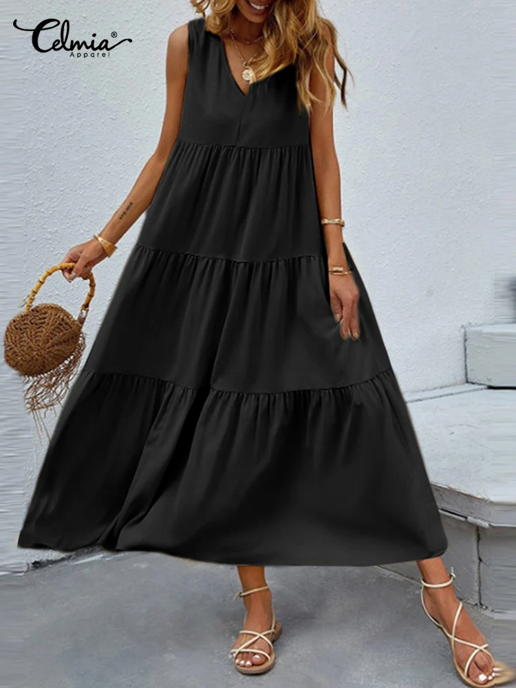 

Summer Party Women Pleated Long Dress Celmia 2022 Fashion Sleeveless V Neck Tank Sundress Casual Loose Multi-layer Maxi Robes