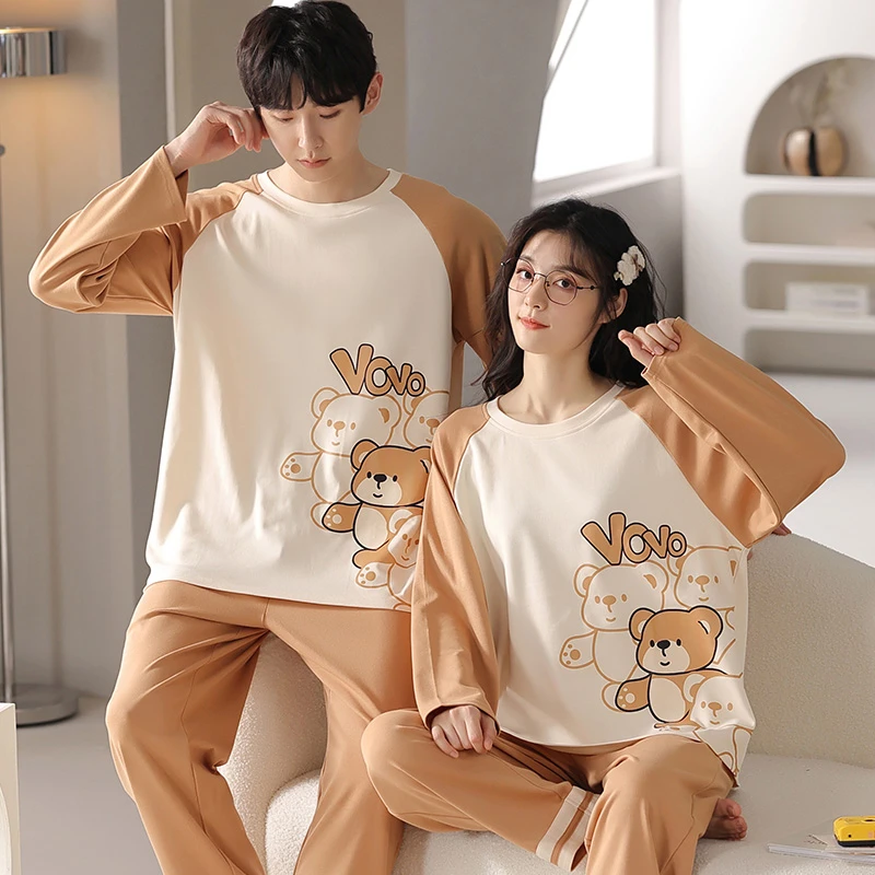 CAIYIER Letter Lovers Nightwear Suit Winter O-Neck Cartoon Couple Sleepwear Men & Women Soft Sweet Pajamas Set Male Lounge Wear