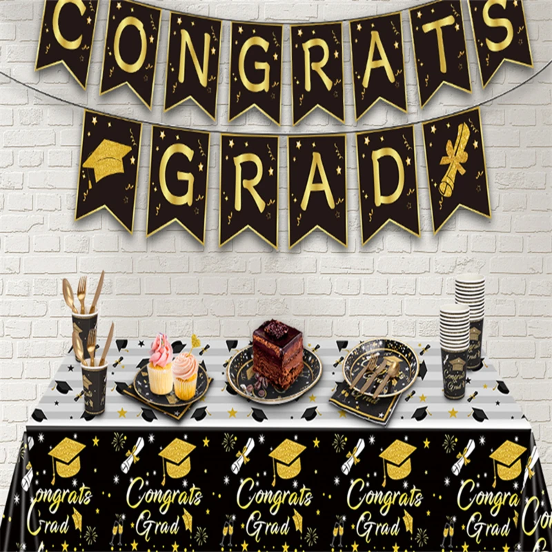 

2022 Graduation Party Backdrop Decorations Paper Black Bronzing Tableware College Party Tableware Celebration Decor