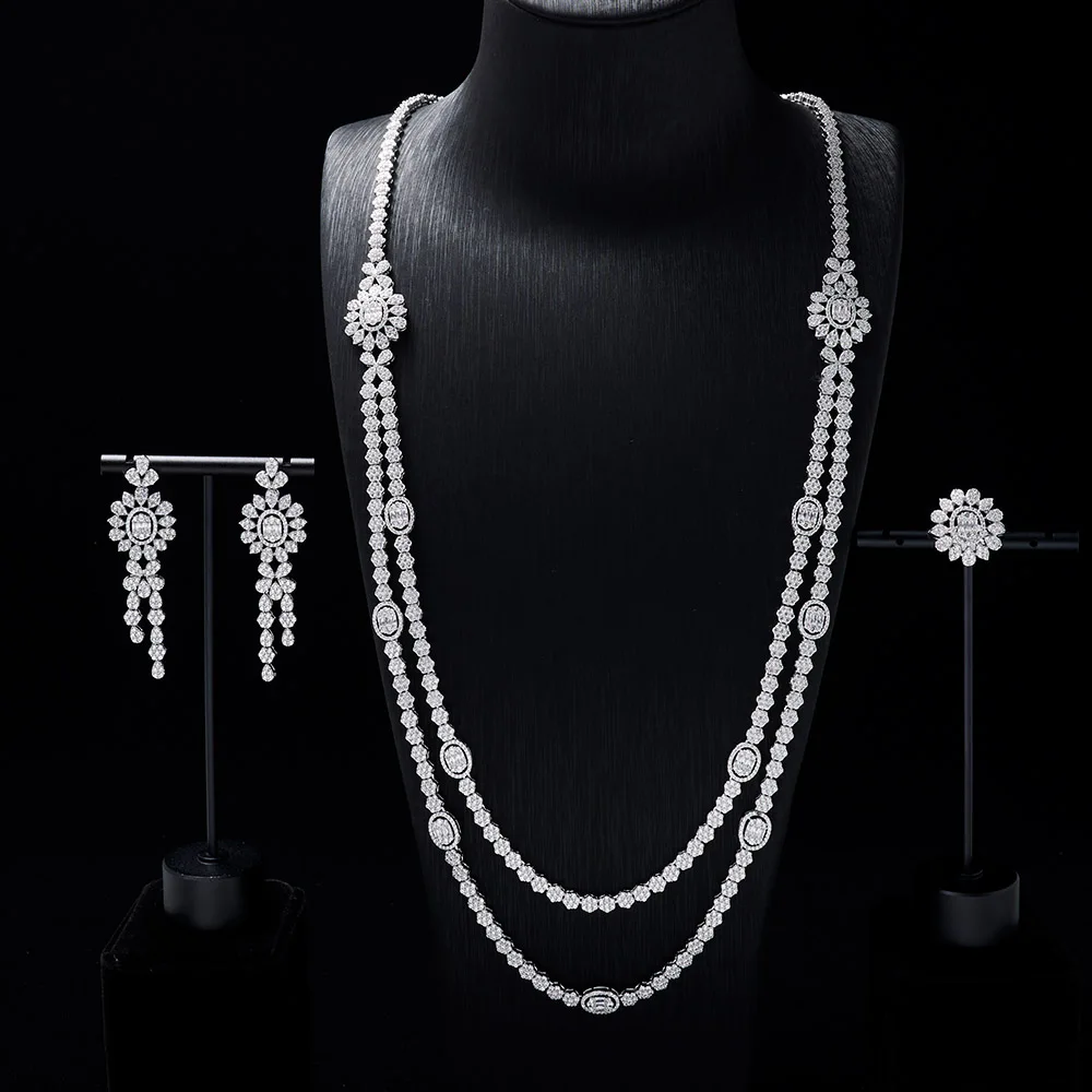 

TIRIM Long Necklace for Women Double Chain Jewelry Sets Necklace Earring Ring 3Pcs Set CZ Cubic Zirconia Wedding Party Accessory