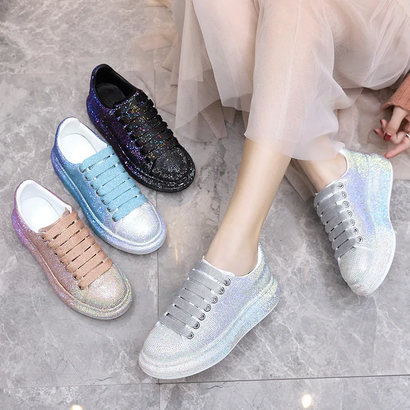 

Genuine Leather Starry Sky Rhinestone Gradient Color Platform Women Shoes Full Diamonds Casual Sports Shoes Sneaker Canvas Shoes