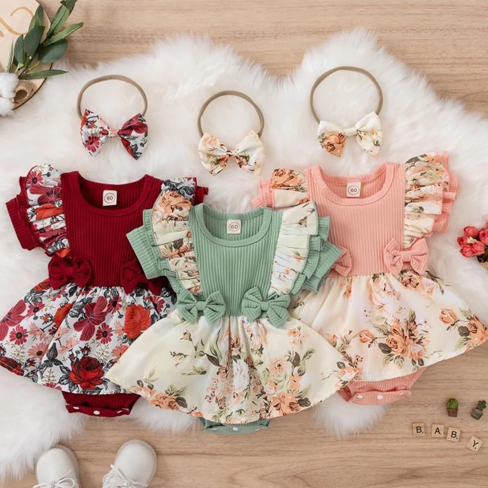

Детское боди для новорожденных, комбинезон, Милая футболка, цельнокроеное платье без рукавов с цветочным принтом для младенцев