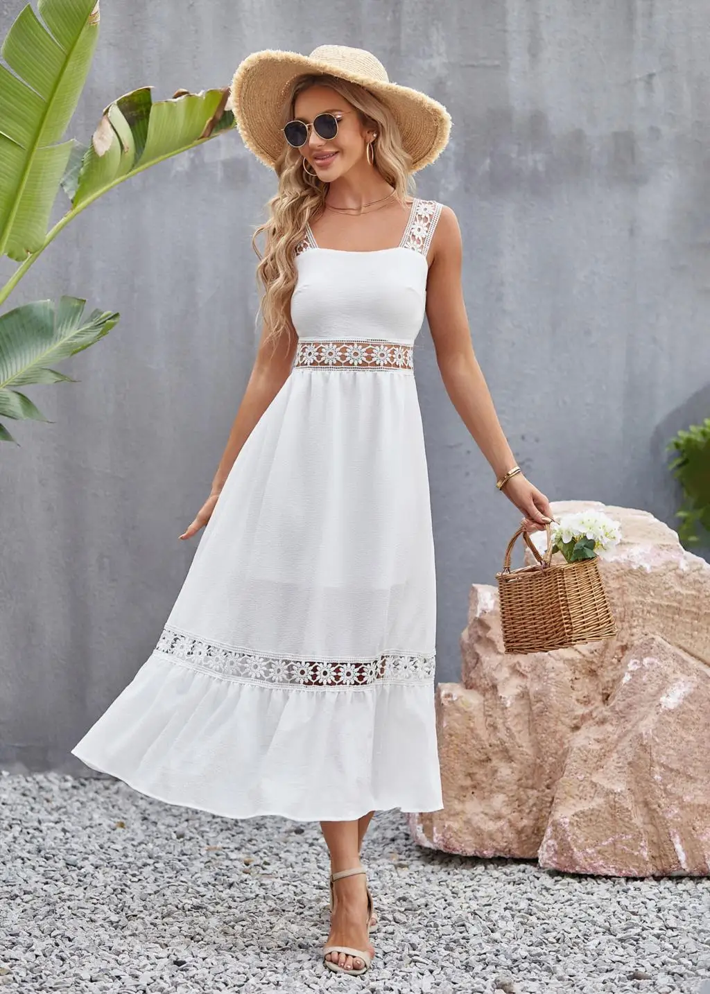 

Elegant Women's New White Hollow Lace Spliced Square Neck Sleeveless Strap Dress Fashion Women's Sexy Party Club Dress Vestidos