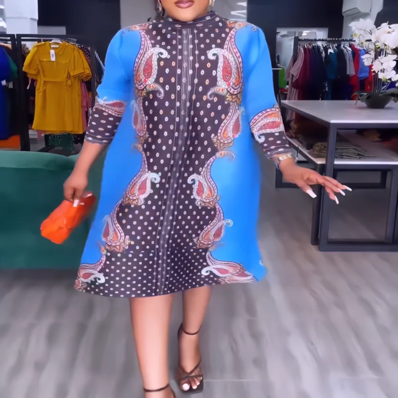 

2023 Spring Summer Elegant African Women 3/4 Sleeve Polyester Printing O-neck Pleated Knee-length Dress Dashiki African Dresses