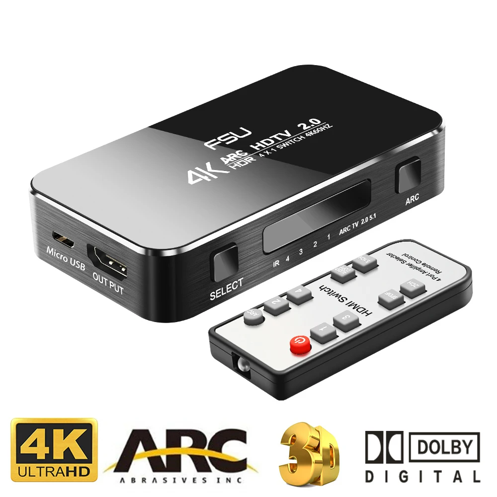 FSU HDMI-Compatible Switcher 4 Input 1 Output HDMI-Compatible splitter HDR 4x1 for HDTV PS4 4K with Audio Extractor 3.5 Jack ARC