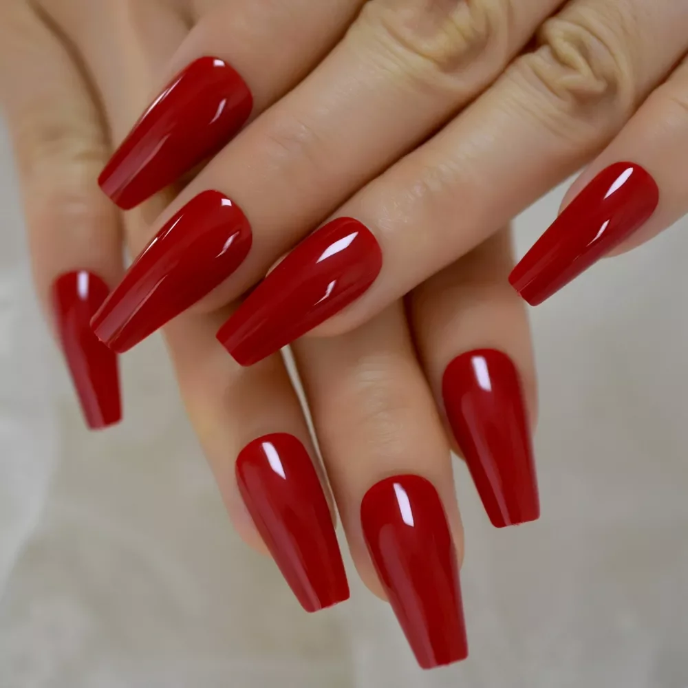 

Gorgeous Red Press on Ballet False Nails Long Ruby-red Coffin Ballerina UV Fingersnails Free Adhesive Tapes