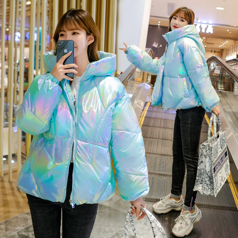 Bomber Puffer Jacket Thick Bread Reflective Parkas Winter Shiny Colorful Bright Coat Glossy Down Cotton Padded Jackets Women
