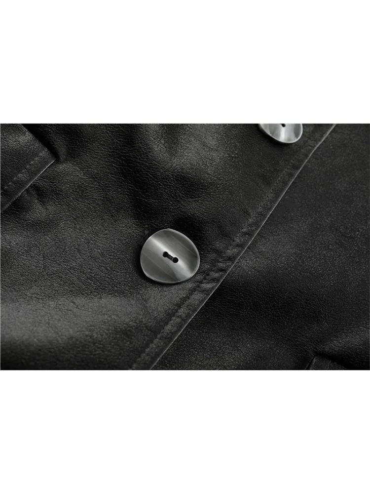 Женская куртка из ПУ кожи черная Свободная с длинным рукавом на пуговицах