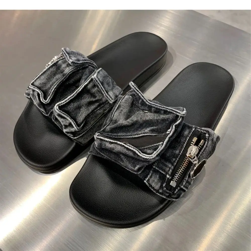 Women's New Sandals Summer 2023 Flat Bottom Denim Slippers Round Toe Open Toed Sexy Popular Party Shoes Ladies Large Slippers