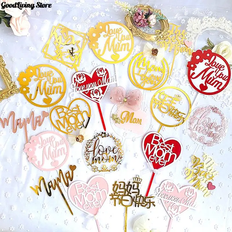 

1pc Happy Mother's Day Cake Topper Pink Heart Flower Rose Toppers Decoration for Mother's Day Gift Cupcake Dessert Supplies