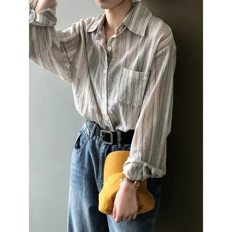 Plus Size Women's Shirt Original Striped Folded Sleeve Spring Summer Long Japanese Style Top Chinese with Pocket |