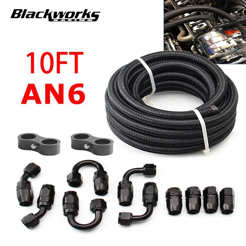 

3M 6AN AN6 10FT Black Braided Oil Fuel Fittings Hose End 0+45+90+180 Degree Oil Adaptor Kit Oil Fuel Hose Line With Clamps