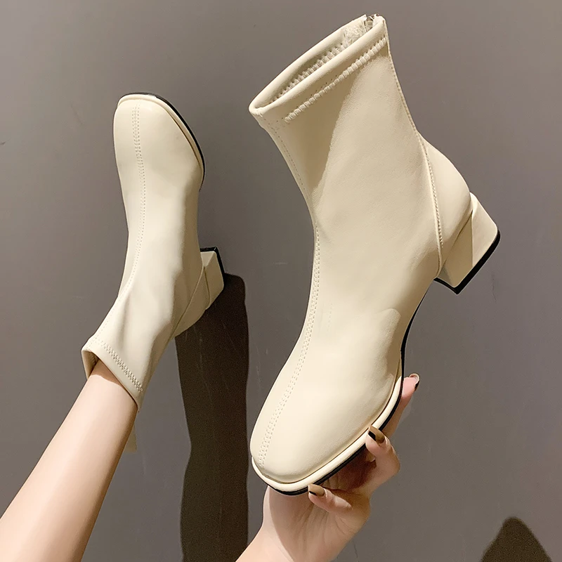 

Women Beige High Heels Ankle Boot Winter Female Square Toe Chelsea Boots Short Boot Fashion Zip Women's Boots 2022 Autumn Winter