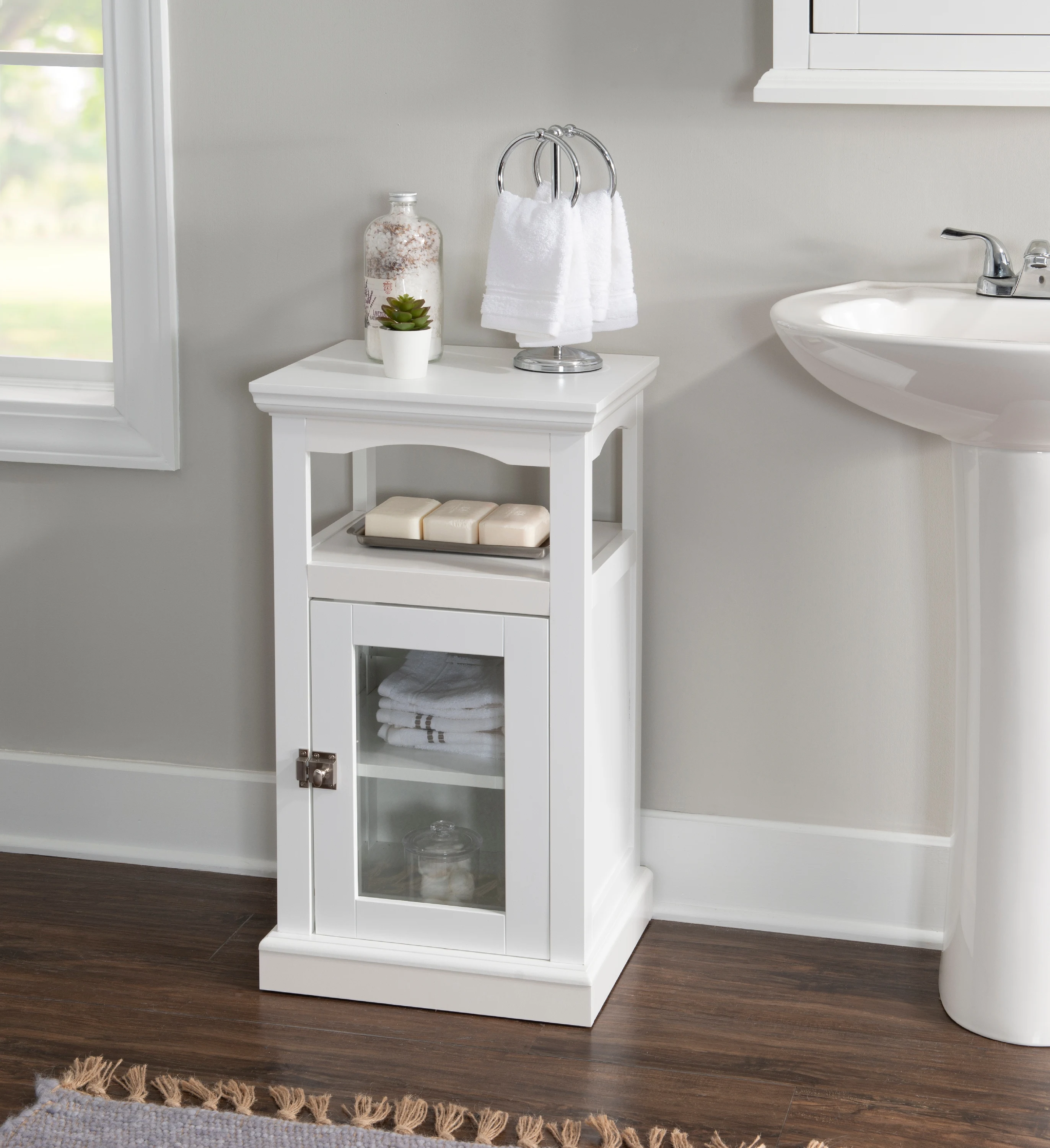 

NONE Mangrove 3-Shelf Glass Door Demi Floor Cabinet, White Finish