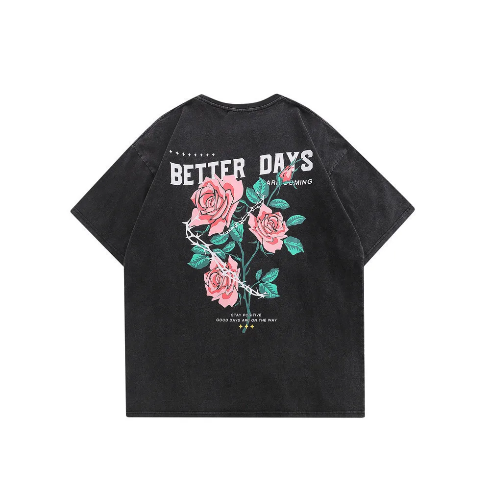

Men's Vintage Loose Fit Rose Red T-Shirt with Round Neck and Half Sleeve, Chinese Style Streetwear Tee