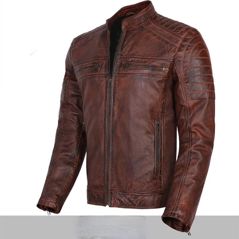 Men's Leather Jacket Retro Cafe Racer Brown Slim Real Bicycle Jacket European and American Fashion Trend