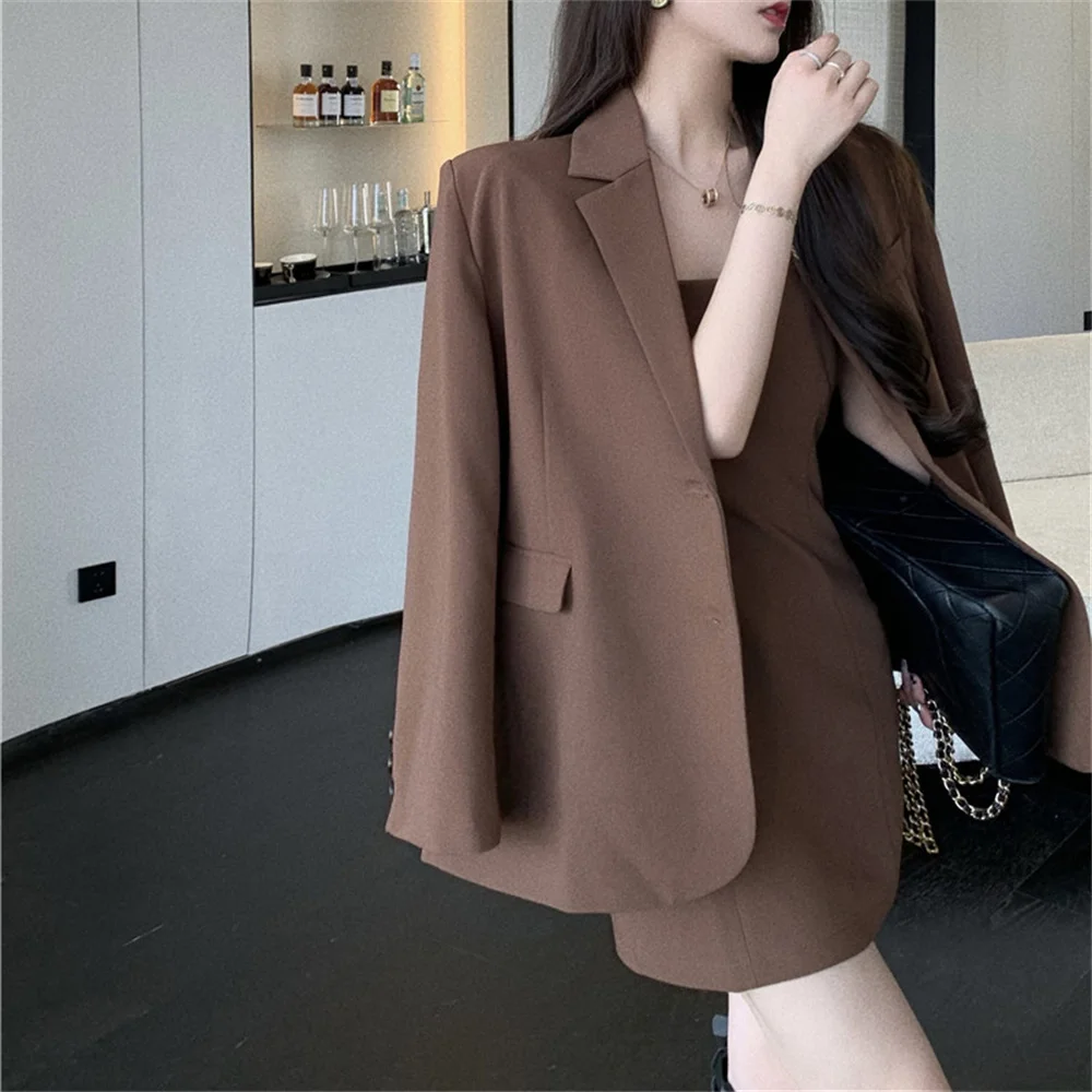 2022 New Women's High-quality Two-piece Fashion Slim Brown Suit Jacket Casual Elegant Overalls Autumn Suspender Mini Dress