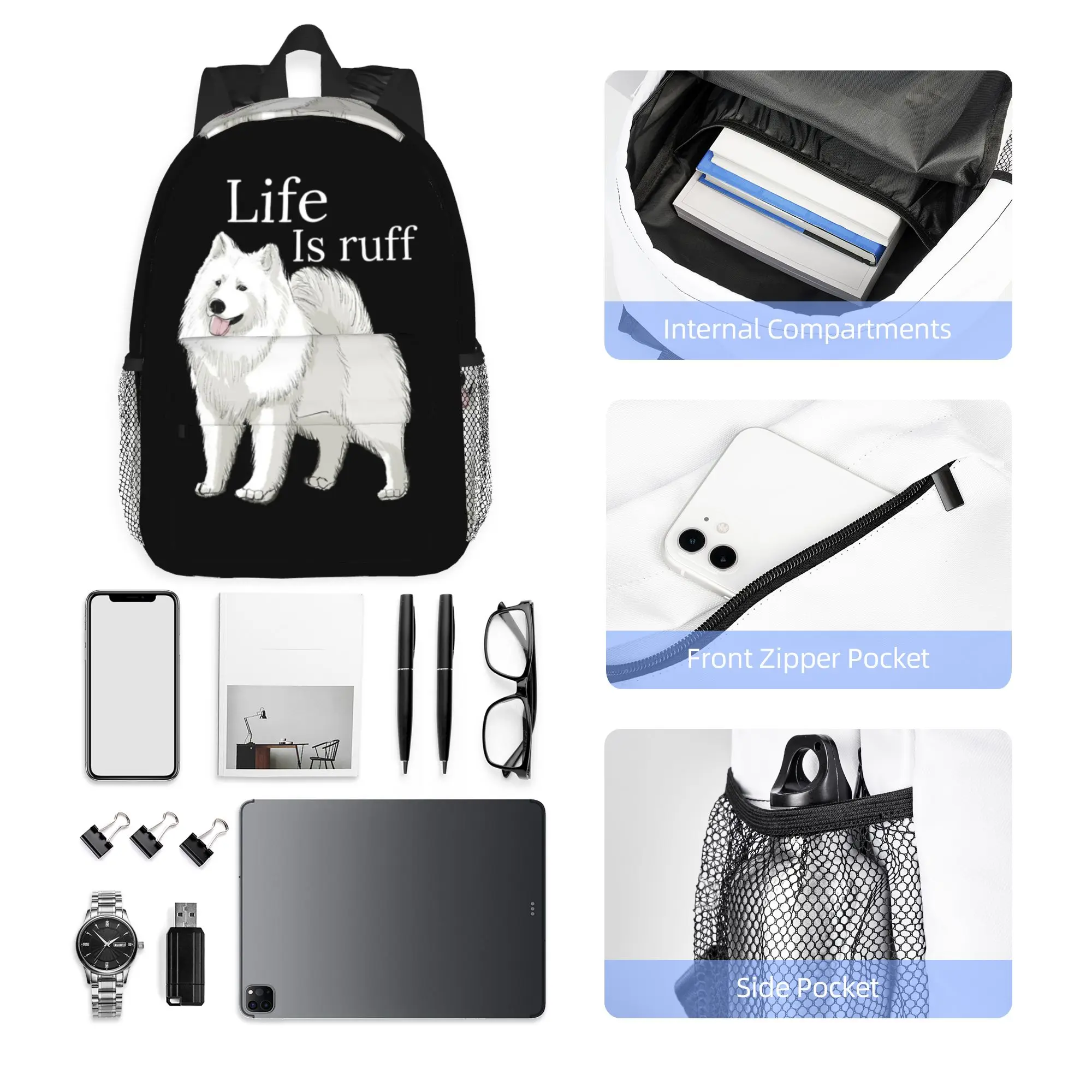 Фото Рюкзак Samoyed Life Is Ruff, хит продаж, вместительный рюкзак для мальчиков и девочек, сумка через плечо для мужчин и женщин, школьная сумка №1