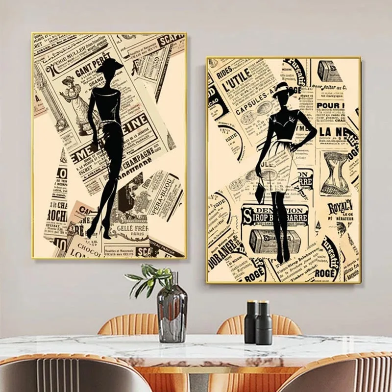 

Abstract Fashion Girl In Newspaper Canvas Painting Vintage Poster and Prints Nordic Wall Art Picture for Living Room Home Decor
