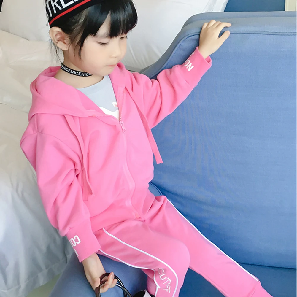 

Autumn Spring Long Sleeves Cotton Blend Fashion Zipper Sports Coat Pants Durable Casual Soft Children Girls Clothes Set