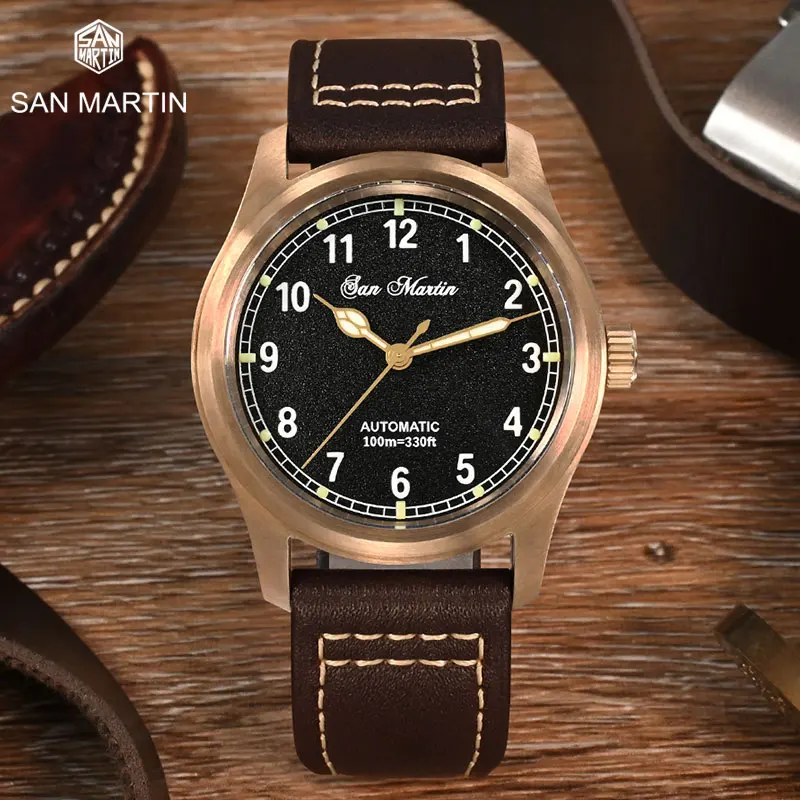 

San Martin New Men Watch Cusn8 Bronze Vintage Military Simple Style YN55 Automatic Mechanical Wristwatch Leather 100M Waterproof