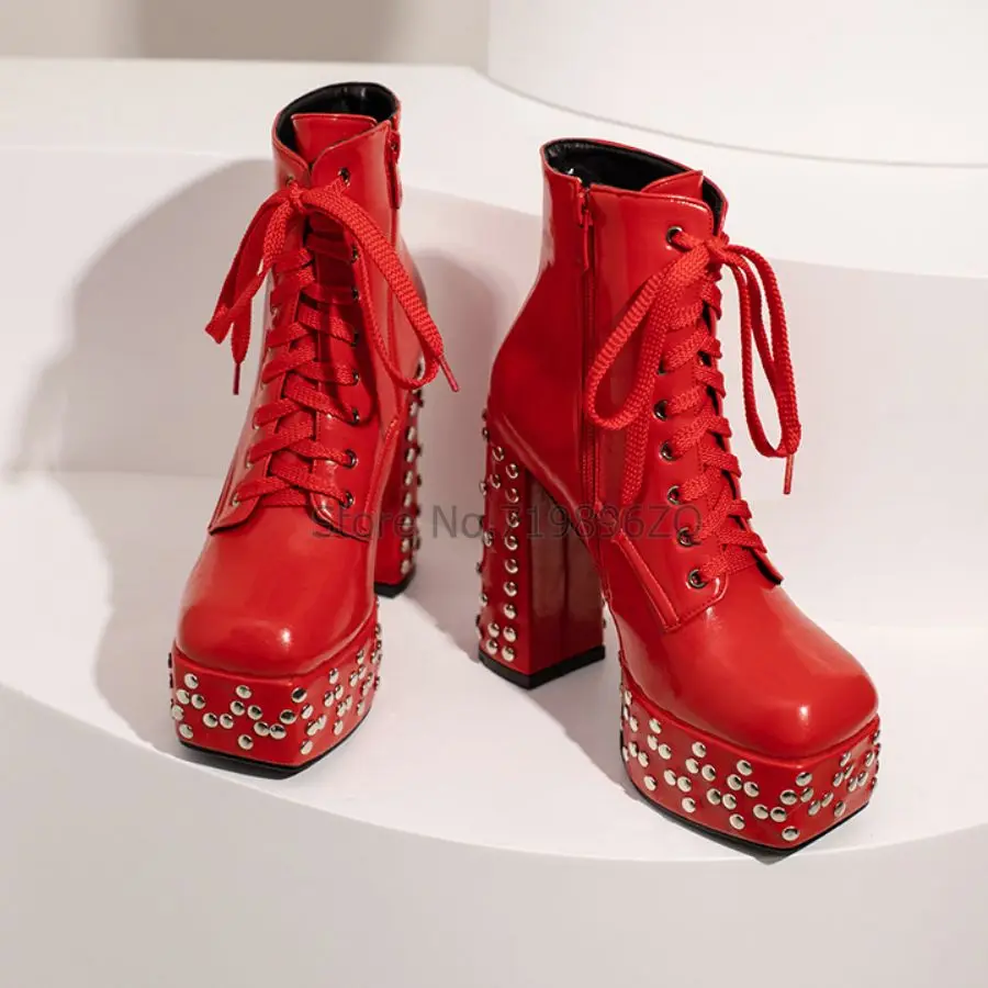 

Ins Fashion Brand Women Square Head Thick heel Riveted Martin Boots