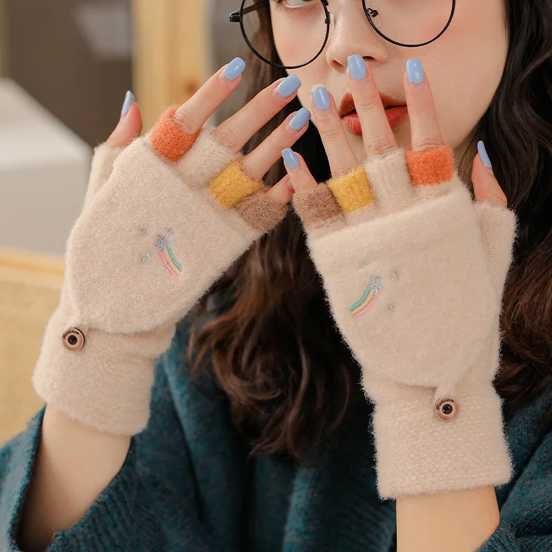 Women Knitted Flip Fingerless Gloves Exposed harf Finger Mittens Winter Warm Thickened Glove Knitting Wool Touchscreen