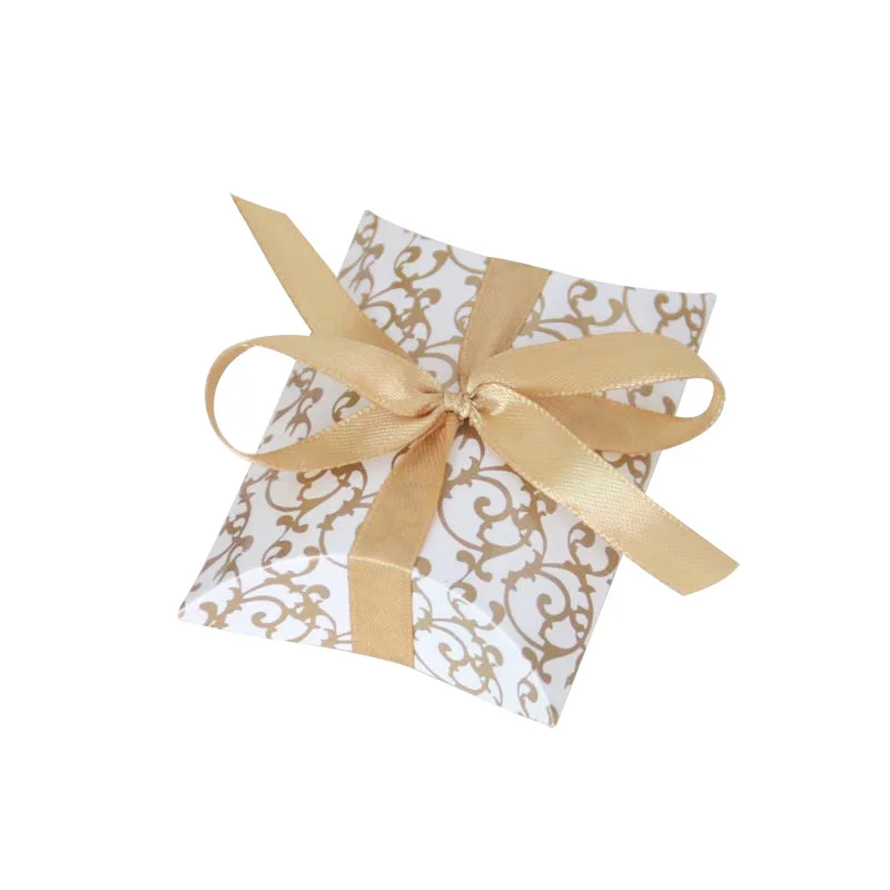 

50 шт. коробка для конфет в форме подушки с лентой конфет упаковка для свадебных подарков для гостей золотой штамп бумажные пакеты вечерние ...