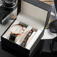 boyfriend gift 2pcs high quality mens casual wristwatches and cow leather bracelet gift box set hot selling
