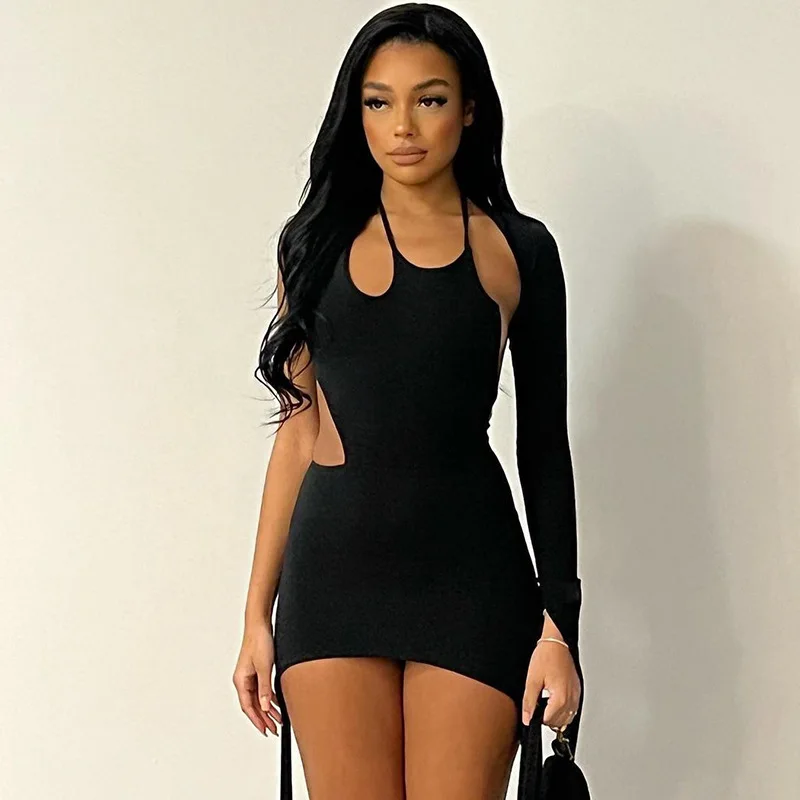 

Black Dress Women Solid Sexy Cutout Sloping Shoulder Dress Fringe One Shoulder Sleeve Mini Dress Vestidos Elegantes Para Mujer