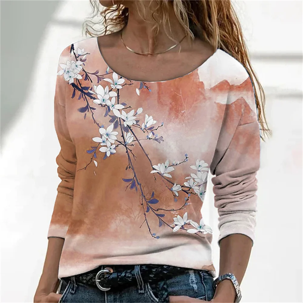 

Женская футболка с длинным рукавом, элегантная тянущаяся футболка с цифровым 3D принтом цветов, весна-осень 2022