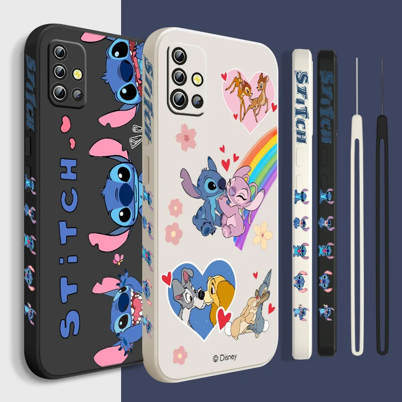 

Cute Stitch Anime Phone Case For Samsung A22 A30S A30 A31 A32 A33 A42 A50 A51 A52 A53 A71 A72 A73 Liquid Left Rope Funda Cover