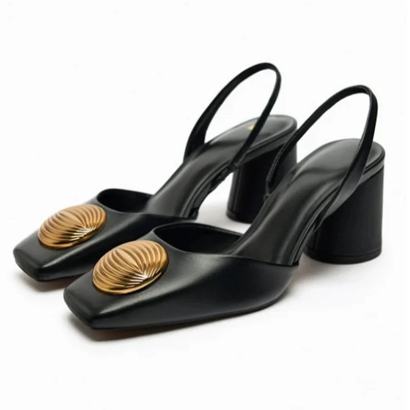 

TRAF Women Black Squared Toe High Heels 2023 New Fashion Elegant Dress Slingbacks Pumps Female Autumn Casual Square Heel Sandals