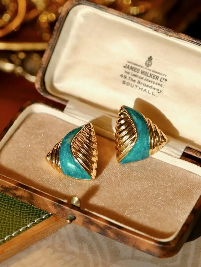 

Vintage Original Design Blue Green Gems Enamel Triangle 18K Gold Ear Studs Simiple Earrings Fashion Handcrafted Greece Jewelry