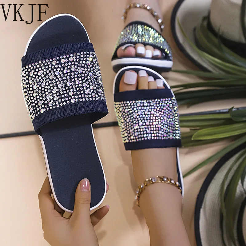 

Large Size Thick Bottom Slippers Ladies 2022 Summer New Flying Woven Mesh Sandals Hot Drill Light Breathable Flip Flops