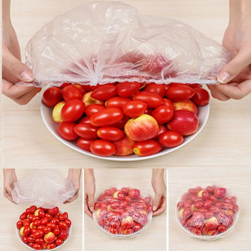 

100Pcs Transparent Food Cover Plastic Fresh Keeping Saver Bag Bowl Cover Saran Wrap Elastic Kitchen Food Lids Dust Covers