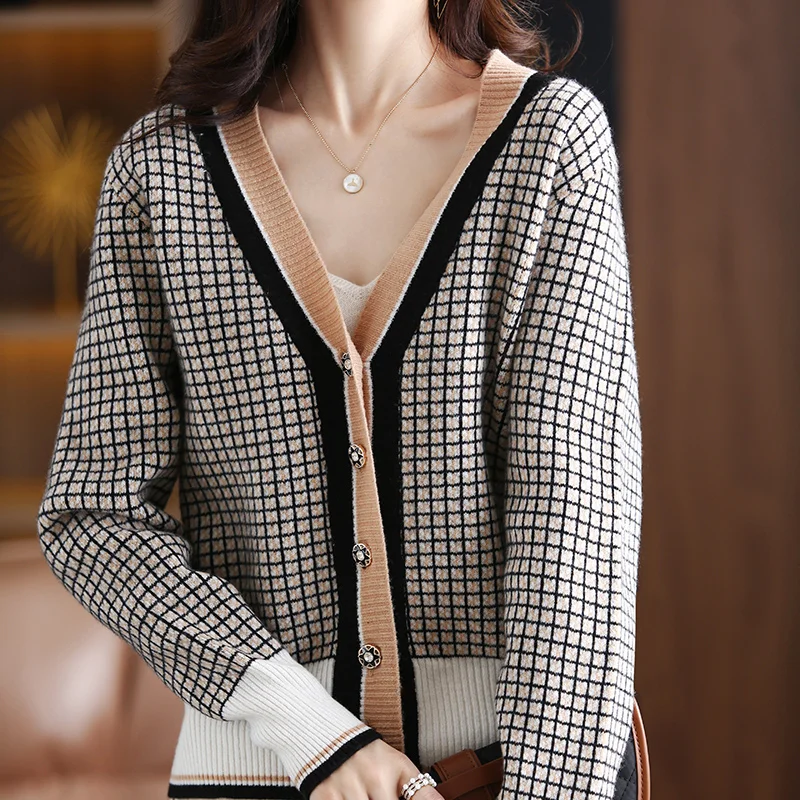 2023 Autumn And Winter New 100% Pure Wool Ladies V-Neck Sweater Cardigan Loose Colorblock Knitted Plaid Cashmere Jacket Women