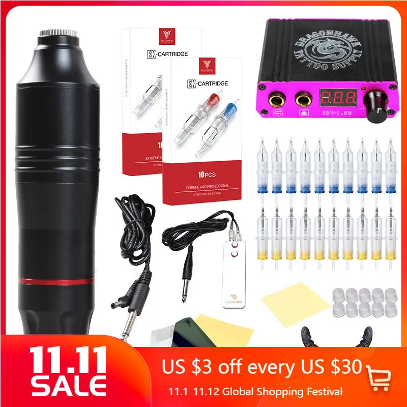 

Professional Rotary Pen Tattoo Machine Kit Set with Ink LCD Mini Power Equipment Supplies