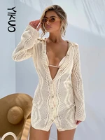 yikuo 2022 v neck knitted hollow out women shirt dress bodycon long sleeve summer beach dresses club party white holiday outfits