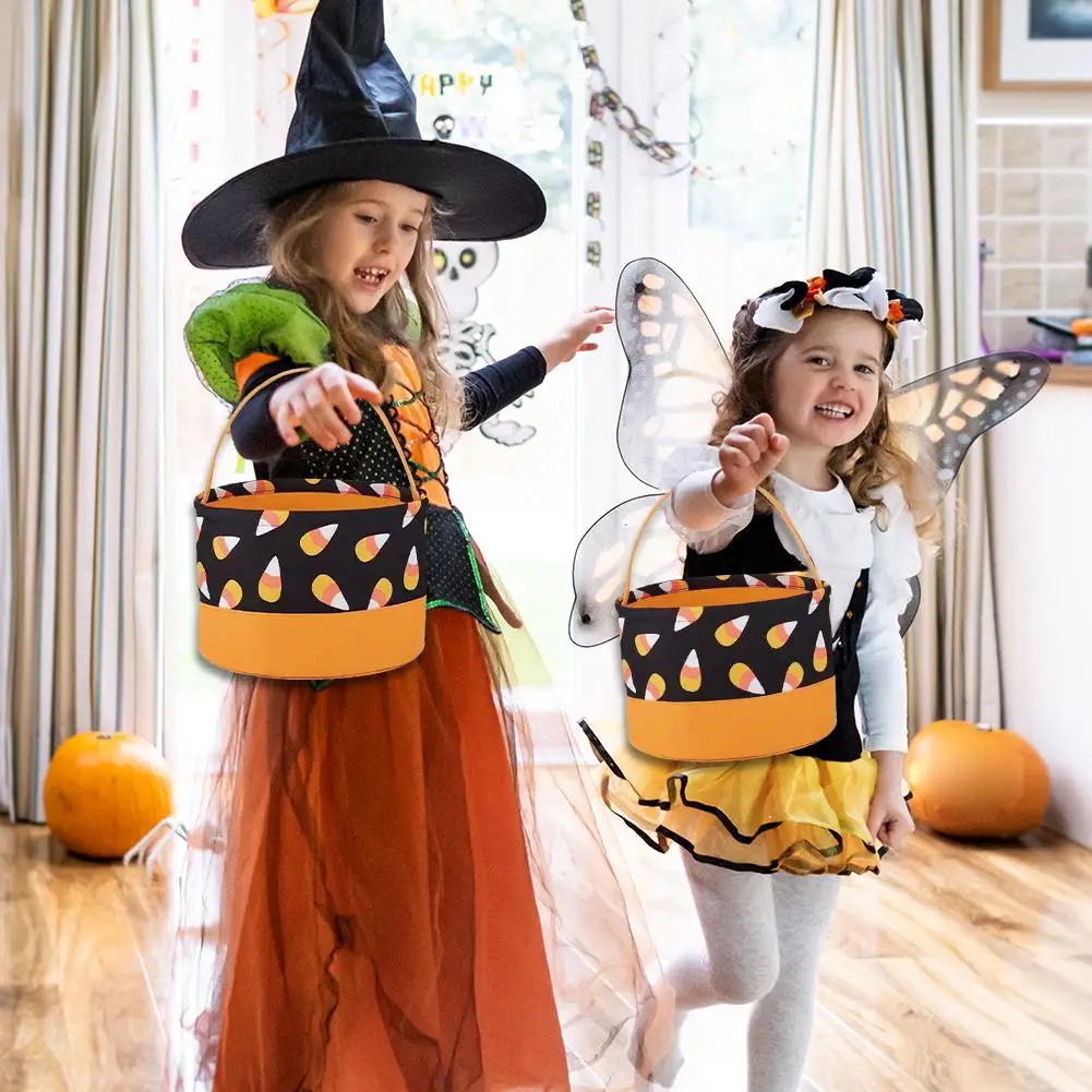 Сумка Для Конфет На Хэллоуин Оранжево-черная В Форме Ведра С Верхней Ручкой И