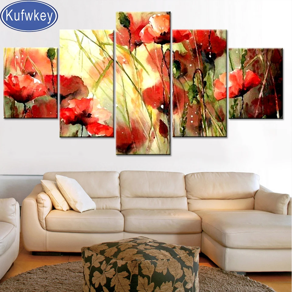 Алмазная картина с красным маком 5 панелей новинка 2023 5D полностью мозаика сделай