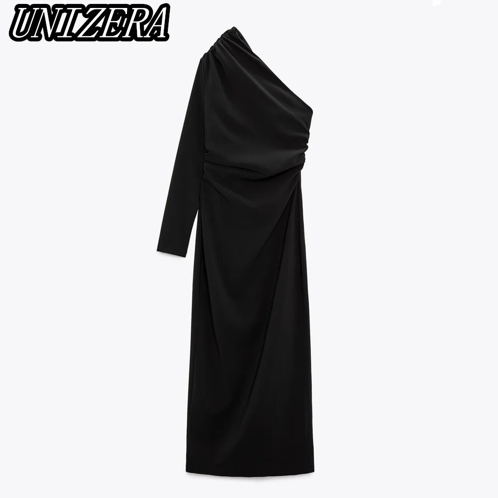 

Новая женская одежда UNIZERA на осень и зиму, элегантное черное асимметричное дизайнерское платье с эластичным подолом и разрезом, 9102707