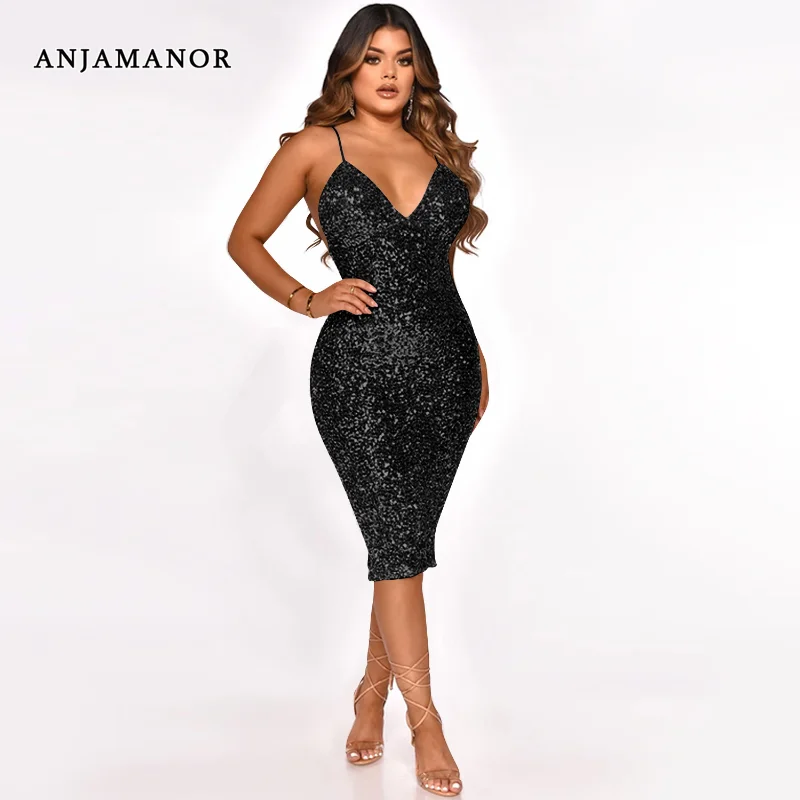 

ANJAMANOR Black Sparkly Sequin Party Dress Elegant Sexy Deep V Neck Backless Midi Bodycon Dresses for Women Clubwear D42-DD29